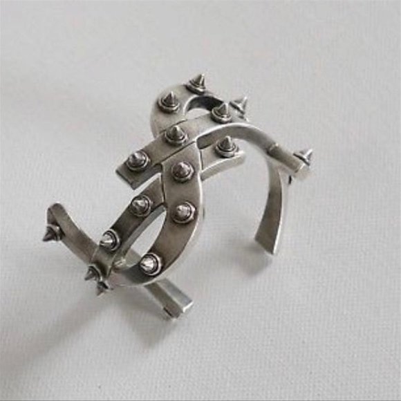Saint Laurent YSL Mono Spiked Silver Cuff Bracelet - Picture 4 of 5